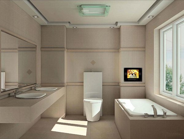 Bathroom,Romantic White Themed Bathroom Design Ideas With Charming Built In Bathtub And Comfortable Height White Ceramic Latrine Also Cool Floating Bathroom Vanity On Combined Wonderful Undermount Trough Sink Bathrooms Plus Picturesque White Window Frame,Fresh And Clean Bathroom Designs Modern