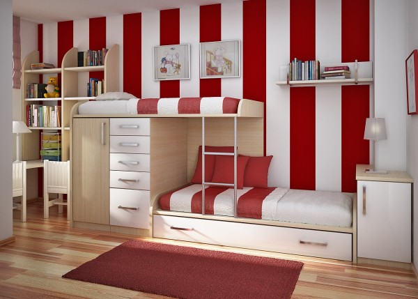 Bedroom,Marvelous Kids Bedroom Design Ideas With Charming Bunk Bed On Combined Red White Themed And Pretty Two Piture Frame Also Style Corner Study Space,Delight Kids Bedroom Design
