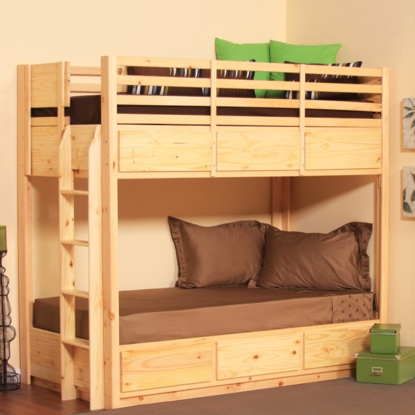 Bedroom,Picturesque Double Bunk Bed Design Ideas With Charming Light Brown Wood Bed Frame And Comfortable Brown Mattress Also Nice Wood Ladder In Light Brown Color,Modern Bunk Bed For Kids Bedroom Designs