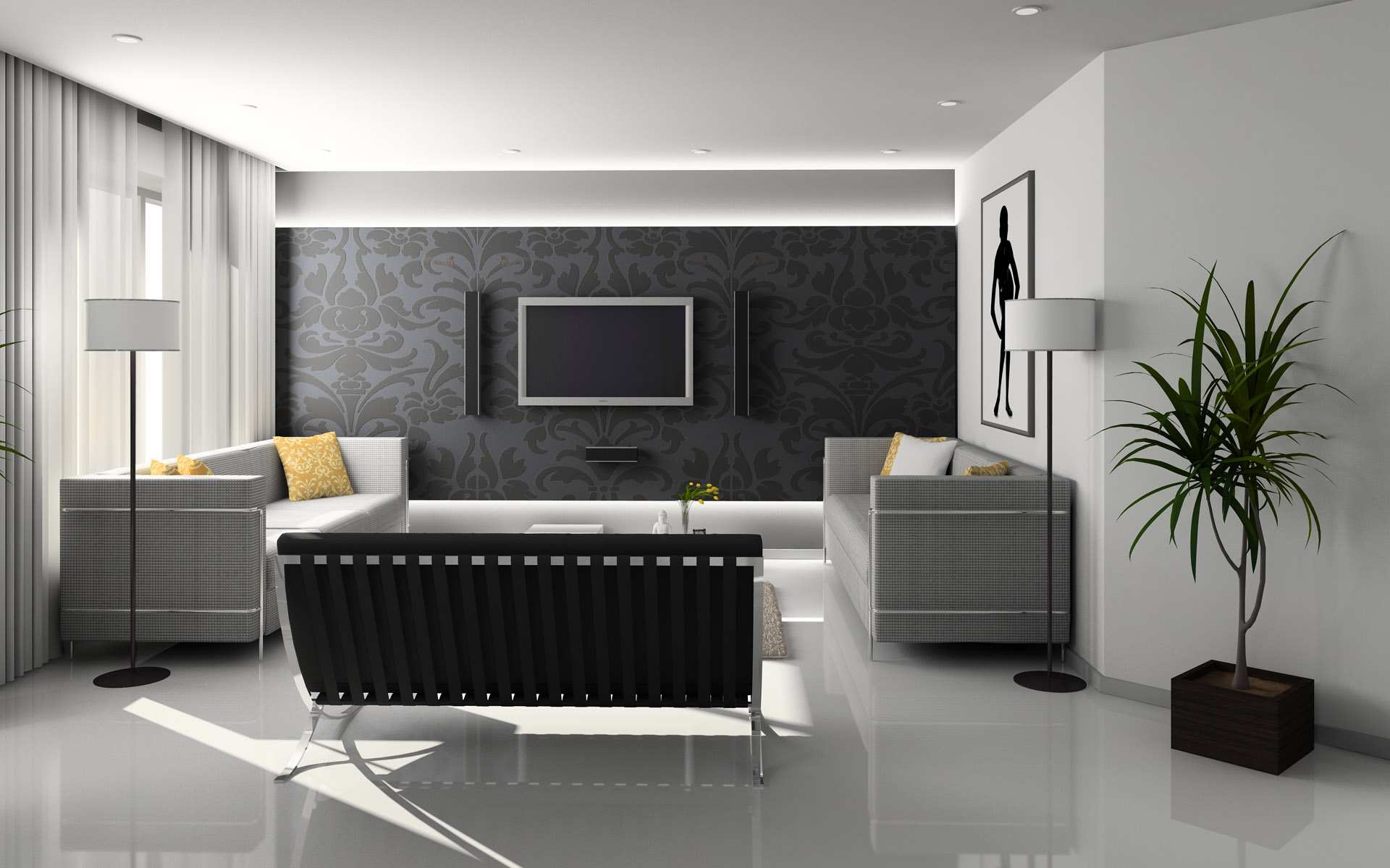 Furniture,Nice Looking Interior Design Ideas With Comfortable Twins Gray Sleeper Sofa And Stylish Black Sofa On Combined Unique Stainless Curved Shape Legs Plus Wonderful White Drum Floor Lamp Also Cool Tv Wall Units,Simple Interior Designs Ideas In Home