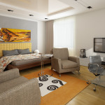 Furniture,Charming Large Space Interior Design Ideas With Cool Gray Fabric Single Seater Sofas And Nice Brown Wood Platfrom Bed On Combined Soft Gray Bed Sheet Also Wonderful Rectangular Glass Desk Plus Gorgeous Wheels Black Chair Using Beautiful Tv Wall Units,Simple Interior Designs Ideas In Home