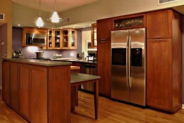 Furniture,Beautiful Contemporary Kitchen Design Inspiration With Glamorous Wood Kitchen Cabinet And Cool Clear Glass Door Floating Kitchen Cabinet On Combined Brown Color Also Wonderful Two Hanging Lamp For Rustic Concept,Beautiful Contemporary Kitchens