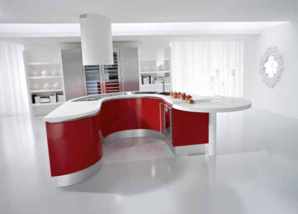 Kitchen,Exceptional White Red Themed Kitchen 2012 Design Inspiration With Splendid White Red Curved Shaped Kitchen Island And Gorgeous White Wood Open Shelf Also Beautiful White Cooker Hood,Contemporary Kitchens 2012