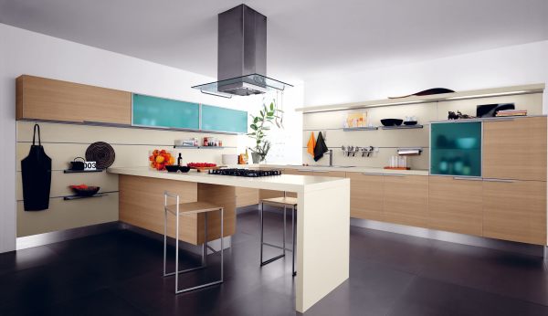 Furniture,Contemporary White Wall Paint Kitchen Island Design Inspiration With Beautiful Bright Wood Kitchen Cabinet Plus Cool Custom Chrome Kitchen Range And Wonderful White Dining Table Also Unique Bar Stools On Combined Modern Dark Glossy Floor,Modern Kitchen Island Designs