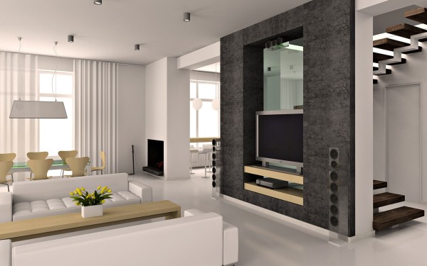 Interior,Dazzling Open Plan Interior Design Photo With Comfortable White Leather Sleeper Sofas Plus Nice Bright Brown Retangular Table And Wonderful Entertaiment Center Also Stylish Breakfast Nook Using Beautiful White Wall Paint,Best High Quality Interior Design Photos To Your Living Room