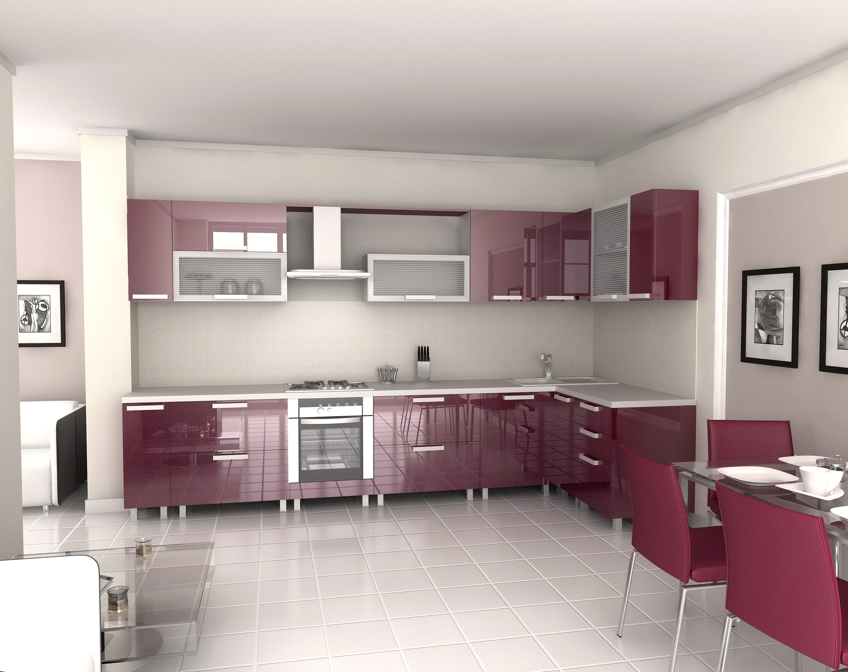 Furniture,Modern Interior House Design Picture With Impressive Purple Glossy Kitchen Cabinet On Combined Nice White Countertop And Cool Rectangular Glass Dining Table Plus Comfortable Purple Dining Chairs Also Exquisite White Ceramic Tile Floor,Picturesque Interior House Design Pictures 2015