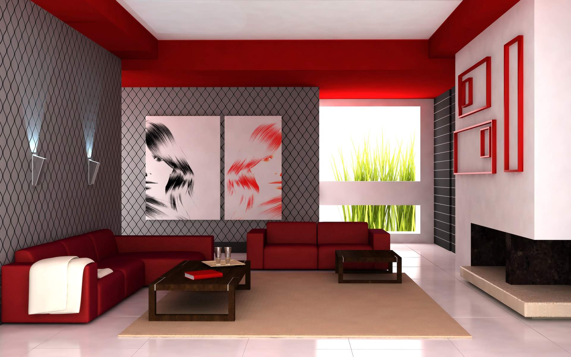 Furniture,Nice Looking Interior Design Picture With Modern Red Sofas And Beautiful Rectangular Brown Wood Coffe Table Also Soft Cream Rug On Combined Gorgeous White Ceramic Tile Floor,Pretentious Interior Design Pictures 2015