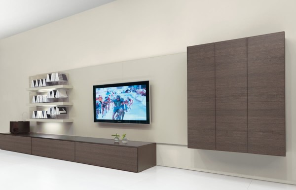 Furniture,Adorable White Wall Paint Tv On The Wall Ideas With Stylish White Wood Wall Mounted Bookshelves And Minimalist Dakr Brown Walnut Entertainment Center Also Beautiful Black Mounted Led Tv For Modern Concept,Contemporary Furniture Tv On The Wall Ideas