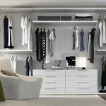 Furniture,Glamorous Cheap Walk In Wardrobe Design Ideas With Charming White Wood Dressers And Beautiful Cream Drum Table Lamp Plus Stunning Chrome Spotlight Floor Lamp Also Comfortable White Singel Seater Sofa For Modern Concept,Cool Amazing Some Walk In Wardrobe Designs