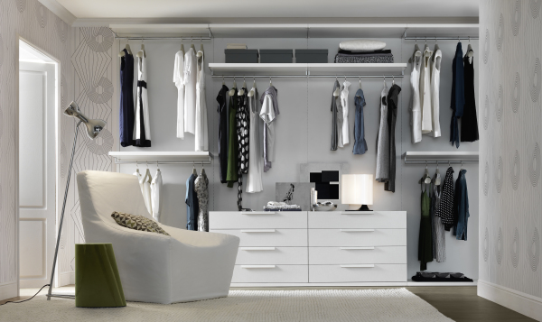 Furniture,Glamorous Cheap Walk In Wardrobe Design Ideas With Charming White Wood Dressers And Beautiful Cream Drum Table Lamp Plus Stunning Chrome Spotlight Floor Lamp Also Comfortable White Singel Seater Sofa For Modern Concept,Cool Amazing Some Walk In Wardrobe Designs