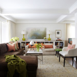 Furniture,Dazzling Large Space Interior Design With Amazing Dark Brown Fabric Sectional Sofa And Nice Rectangular White Table On Combined Soft Cream Rug Also Beautiful White Wood Bookshelf Using Wonderful White Wall Paint,Cool Home Interior Designs Of 2015