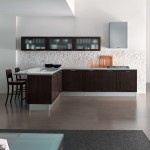 Furniture,Adorable Interior Design Inspiration With Amazing Dark Brown Wood Kitchen Cabinet On Combined Nice White Countertop And Comfortable Dark Brown Wood Bar Stools Also Gorgeous Frosted Glass Door Wall Mount Kitchen Cabinet On The White Wall,Cool Home Interior Designs Of 2015