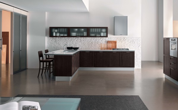 Furniture,Adorable Interior Design Inspiration With Amazing Dark Brown Wood Kitchen Cabinet On Combined Nice White Countertop And Comfortable Dark Brown Wood Bar Stools Also Gorgeous Frosted Glass Door Wall Mount Kitchen Cabinet On The White Wall,Cool Home Interior Designs Of 2015
