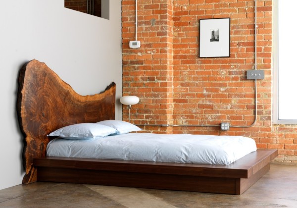 Bedroom,Astounding Low Bed Design Inspiration With Charming Light Brown Brick Wall And Rustic Dark Brown Solid Wood Bed Frame On Combined Soft Sea Blue Mattress Also Unique Brown Wood Headboard For Vintage Concept,Sightly Low Beds Design