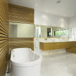 Bathroom,Luxurious Bathroom Design Inspiration With Marvelous White Ceramic Freestanding Bathtub Plus Nice Stainless Freestanding Bathtub Faucet And Beautiful Floating Lime Green Bathroom Vanity Also Stylish Long Horizontal Wall Mirror Plus Modern White Marble Floor,Fresh And Clean Bathroom Designs Modern