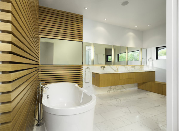 Bathroom,Luxurious Bathroom Design Inspiration With Marvelous White Ceramic Freestanding Bathtub Plus Nice Stainless Freestanding Bathtub Faucet And Beautiful Floating Lime Green Bathroom Vanity Also Stylish Long Horizontal Wall Mirror Plus Modern White Marble Floor,Fresh And Clean Bathroom Designs Modern