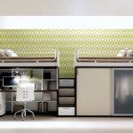 Bedroom,The Best High Quality Smart Bedroom Decoration With Multifuntion Twins Bed On Combined Underneath Workspace And Creative Sliding Door Wardrobe,Modern Smart Bedroom Design To Comfort Sleeping