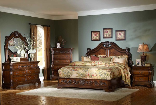 Bedroom,Exceptional Dark Gray And White Scheme Traditional Bedroom Ideas With Luxurious Wood Bed Frame And Beautiful Beige Bed Cover On Combined Floral Ornament Also Nice Dark Brown Dresser,Style Traditional Bedroom 