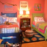 Bedroom,Admirable Orange Background Boy And Girl Bedroom Ideas With Amazing Twins Bed Plus Beautiful Brown Wood Nighstand Table On Combined Wonderful Double Cream Drum Table Lamp Also Soft Blue Fish Shaped Rug,Exceptional Delightful Boy And Girl Bedroom Ideas