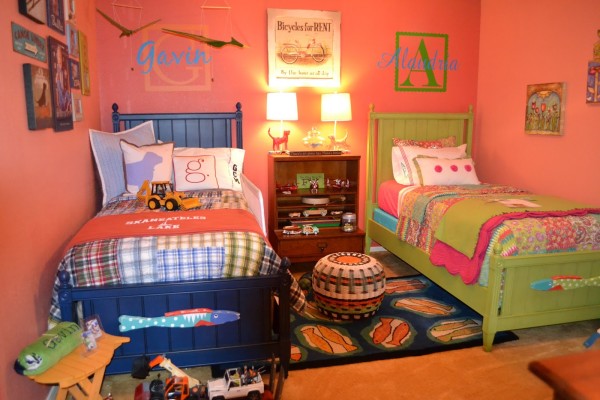 Bedroom,Admirable Orange Background Boy And Girl Bedroom Ideas With Amazing Twins Bed Plus Beautiful Brown Wood Nighstand Table On Combined Wonderful Double Cream Drum Table Lamp Also Soft Blue Fish Shaped Rug,Exceptional Delightful Boy And Girl Bedroom Ideas