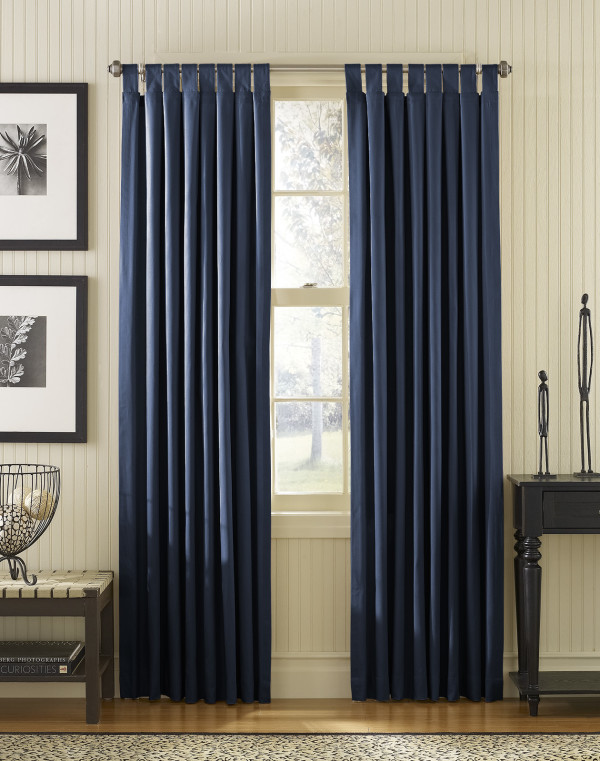 Interior,Enchanting White Linen Background Window Curtain Design Ideas With Stunning Large Blue Navy Curtains And Beautiful Black Wood Square Accent Table Also Trendy Brown Wood Floor,Window Curtain Design Ideas Looks Beautiful In The House