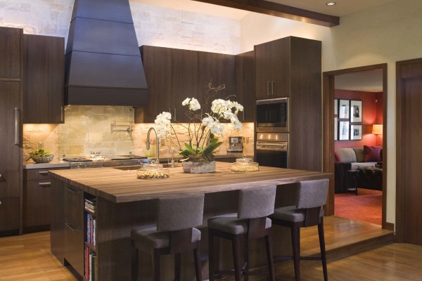 Furniture,Traditional Design Interior With Wonderful Dark Brown Wood Kitchen Cabinet And Stylish Oversized Cooker Hood Also Beautiful Dining Bar In Brown Wood Material Plus Cozy Gray Three Bar Stool,Look Beautiful Design Interiors To Your Inspiration