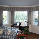 Interior,Appealing Blue Ceiling Large Window Curtain Ideas With Beautiful Glass Windows And Nice White Wood Windows Frame Plus Stylish Dark Brown Wood Office Desk Also Comfy Striped Couch,Good Large Window Curtain Ideas