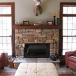 Interior,Astounding White Wall Paint Stone Fire Places Design With Picturesque Cream Brick Stone Tile Fireplace And Beautiful Brown Wood Wall Mount Shelf Plus Wonderful Black Wood Fireplace Candle Stands Also Soft Cream Ottoman,The Beauty Of Stone Fire Places Your Home Inspiration