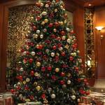 Furniture,Traditional Brown Wood Wall Panel Xmas Tree Design Ideas With Charming Red White Plus Cream Ball Ornaments And Nice Xmas Tree Lights Also Gorgeous Wall Light,Awesome Xmas Trees Latest For Christmas