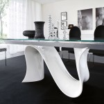 Dining Room,Marvelous White Wall Paint Designer Dining Table With Stylish Long Square Glass Dining Table On Combined Unique Curving Shaped White Stained Chrome And Modern Crytsal Ornament Also Comfortable Height Dining Chairs Plus Gorgeous Glass Window On Combined Soft Large White Transparent Curtains,Will Make The Eyes Entranced Designer Dining Tables Latest