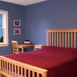 Interior,Simple Blue Wall Bedroom Painting Ideas With Charming Bright Wood Bed Frame On Combined Comfortable Red Bed Sheet And Cool Corner Wood Desk Plus Cozy Bright Wood Chair Also Beautiful White Curtain,Creative Bedroom Painting Ideas