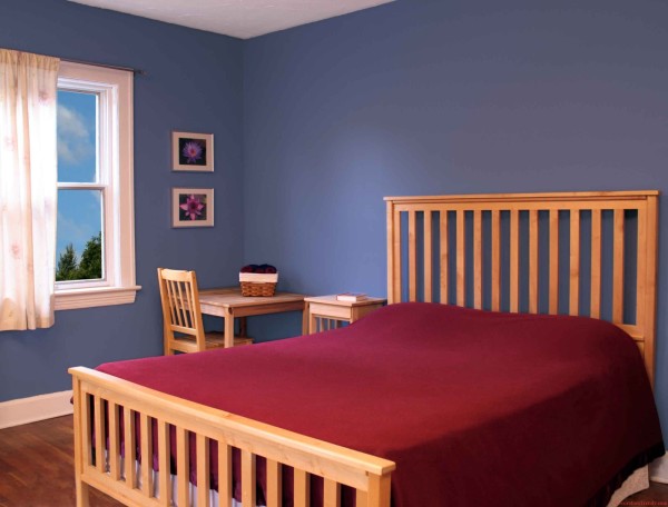 Interior,Simple Blue Wall Bedroom Painting Ideas With Charming Bright Wood Bed Frame On Combined Comfortable Red Bed Sheet And Cool Corner Wood Desk Plus Cozy Bright Wood Chair Also Beautiful White Curtain,Creative Bedroom Painting Ideas