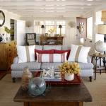 Furniture,Good Looking Sofa For Small Living Room Design Ideas With Beautiful Black White Stripe Fabric Upholstered Three Seater Sofa On Combined Soft Pillows And Vintage Brown Square Wood Coffe Table Also Nice Square Wooden Ceiling Pattern ,The Most Convenient Sofas For Small Living Rooms