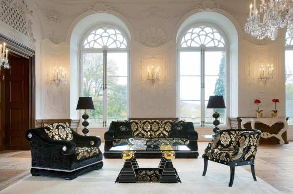 Furniture,Exquisite White Wall Paint Sitting Room Design Ideas With Charming Black Pattern Sofas On Combined Nice White Area Rug And Beautiful Glass Coffe Table Plus Amazing Great Dom Windows Also Luxurious Wall Lights ,Some Fancy Sitting Rooms
