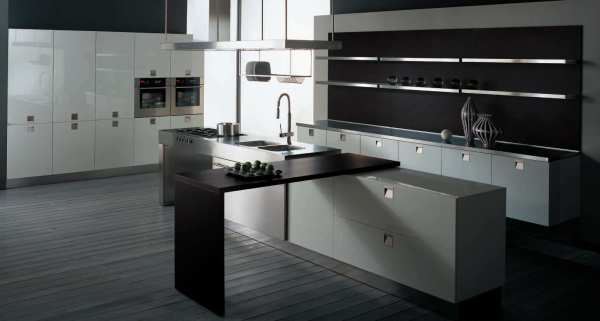 Kitchen,Marvelous Modern Kitchen Design Ideas With Nice White Wood Kitchen Cabinet And Wonderful Stainlee Steel Countertop On Combined Gray Wood Floor Also Cool Hanging Lamp,Modern Kitchens Design