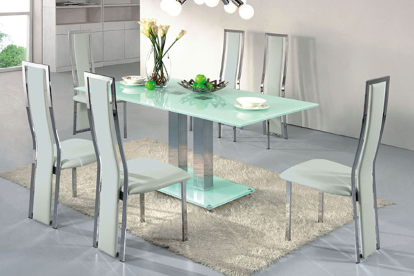 Dining Room,Adorable Large Space Designer Dining Table With Stunning Light Blue Glass Dining Table And Modern Height Light Blue Dining Chairs Also Soft Cream Fur Rug For Elegant Concept,Will Make The Eyes Entranced Designer Dining Tables Latest
