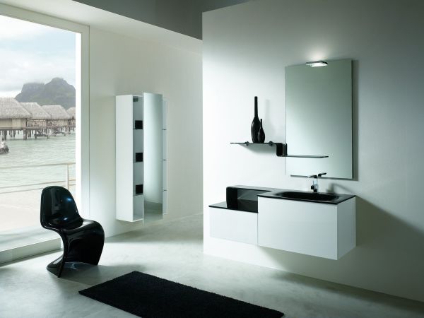 Bathroom,Modern White Wall Paint Bathroom Vanity Ideas With Amazing Floating Vanity Cabinets On Combined Beautiful Black Countertop And Nice Vertical Wall Mirror Also Unique Black Chair Plus Soft Black Run Rug,Contemporary Bathroom Vanity Ideas