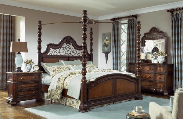 Bedroom,Marvelous Wood Canopy Bed Design Ideas With Stunning Light Blue Mattress On Combined White Floral Blanket And Antique Wood Nightstand Table Also Wonderful Desk Lamp For Vinatge Concept,Fineness Canopy Bed In Bedroom