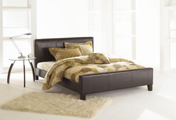 Bedroom,Picturesque Low Bed Design Inspirations With Exquisite Euro Brown Leather Bed Frame And Modern Glass Top Round Bedside Table On Combined White Finish Desk Lamp Also Soft Beige Fur Rug,Sightly Low Beds Design