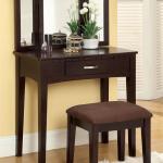 Bedroom,Contemporary Make Up Table Design Inspiration On Combined Dark Brown Color With Storage And Style Three Mirror Plus Beautiful Arrangement Floral Also Comfortable Dark Brown Ottoman ,Make Up Table Design Ideas