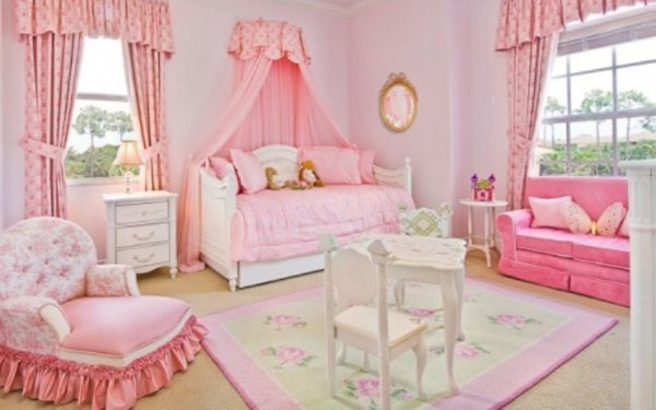 Bedroom,Fancy Cool Teenage Girl Roo Design Inspiration With Charming Canopy Bed On Combined Beautiful Pink Fabric Curtains And Wonderful White Wood Nightstand Table Also Cozy White Small Square Table Plus White Wood Chairs,Cool Teenage Girl Rooms Inspiration