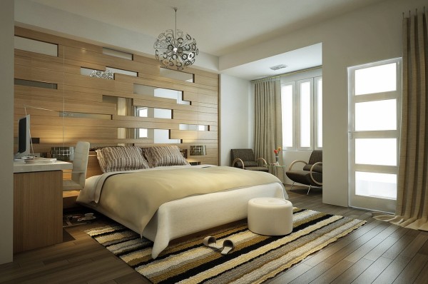 Bedroom,Contemporary Modern Bedroom Design Inspiration With Comfortable Low Profile Bed On Combined White Color And Cool Workspace Also Stunning Wood Mirror Wall Decal ,Modern Bedroom Design