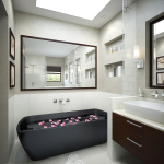 Bathroom,Marvelous Small Space Bath Design Inspiration With Gorgeous Brown Wood Vanity Cabinet And Modern White Ceramic Vessel Sink Plus Charming Great Wall Mirror Also Comfortable Black Built In Bathtub,Admirable Bath Designs To Your Bathroom 