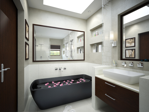 Bathroom,Marvelous Small Space Bath Design Inspiration With Gorgeous Brown Wood Vanity Cabinet And Modern White Ceramic Vessel Sink Plus Charming Great Wall Mirror Also Comfortable Black Built In Bathtub,Admirable Bath Designs To Your Bathroom 