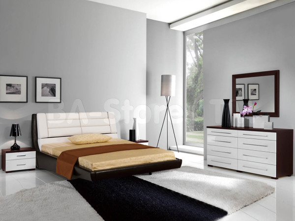 Bedroom,Marvelous White Themed Modern Bedroom Design Inspiration With Nice Brown Bed Frame On Combined Soft Headboard And Gorgeous Black White Nighstand Table Also Cozy Black White Rug ,Modern Bedroom Design