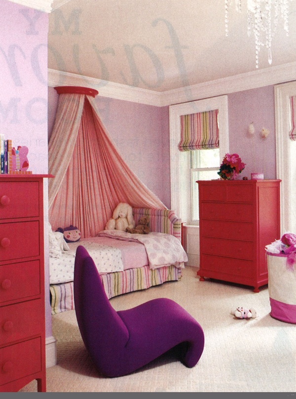 Bedroom,Cute Cool Teenage Girl Room Design Inspiration With Style Canopy Bed On Combined Colorful Stripe Bed Frame And Beautiful Pink Fabric Curtains Also Wonderful Red Wood Dresser Plus Cozy Purple Lounge Chair ,Cool Teenage Girl Rooms Inspiration