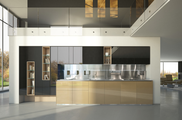 Furniture,Astounding Minimal Kitchen Design Inspiration With Wonderful Black Glossy Floating Kitchen Cabinet And Beautiful Open Book Shelves Also Gorgeous Bright Wood Kitchen Cabinet ,Plush Minimal Kitchen Design Ideas