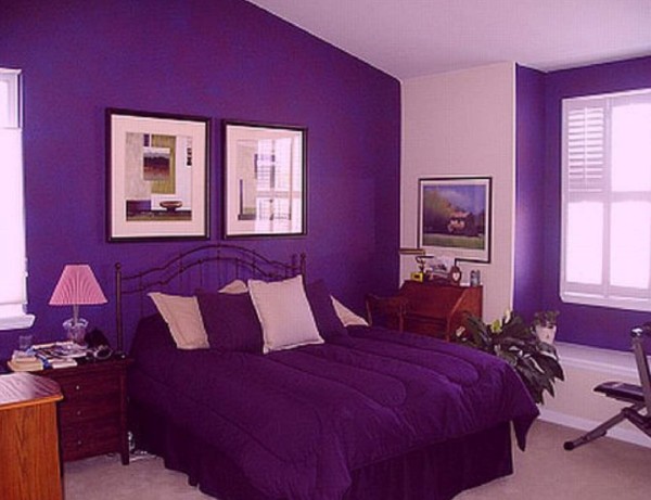 Bedroom,Cute Purple Mixed White Wall Paint Bedroom Paint Ideas With Amazing Black Iron Bed Frame On Combined Cool Purple Large Bed Cover And Nice Brown Wood Nightstand Table Plus Beautiful White Cup Table Lamp Also Wonderful Corner Study Space,11 Bedroom Paint Ideas Trends In 2015 You Must See