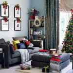 Furniture,Enchanting Light Blue Wall Paint Best Christmas Decorating Ideas With Charming Green Christmas Tree On Combined Beautiful Ball Ornaments And Comfortable Black Fabric Two Seater Sofa Also Soft Black Ottoman,The Best Christmas Decorating Ideas And Christmas Tree For Your Home