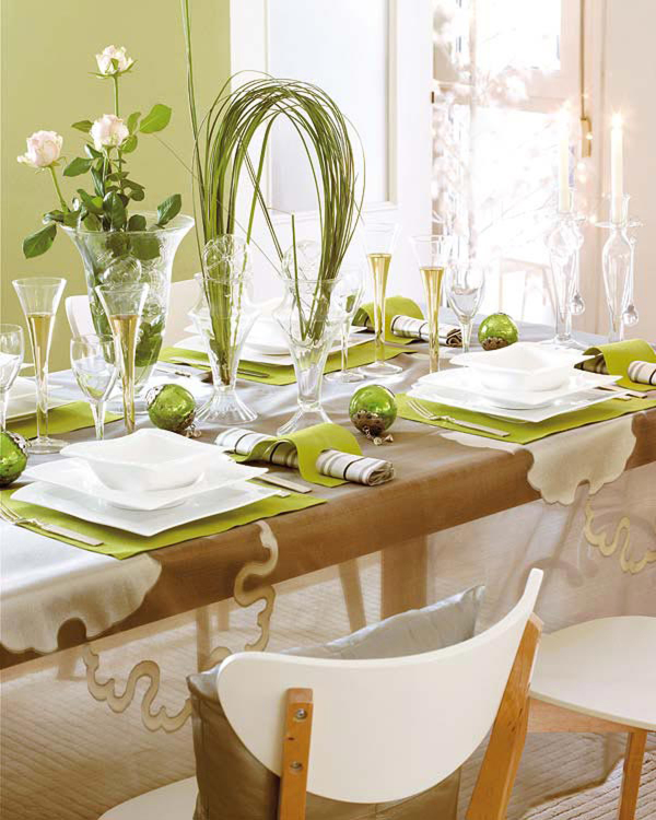 Dining Room,Contemporary Lime Green Wall Paint Christmas Dinner Table Decoration With Stunning Bright Wood Dining Table On Combined Beautiful White Transparent Table Cloth And Cool Glass Vase Also Stylish White Wood Dining Chairs,Sweet Romantic Christmas Dinner Table Decorations